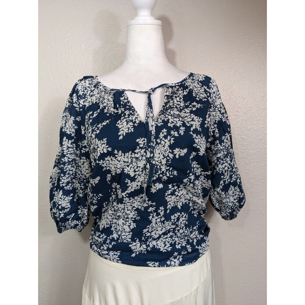 Abercrombie Fitch Shirt Womens Small Navy Blue White Floral Peasant Blouse Boho
